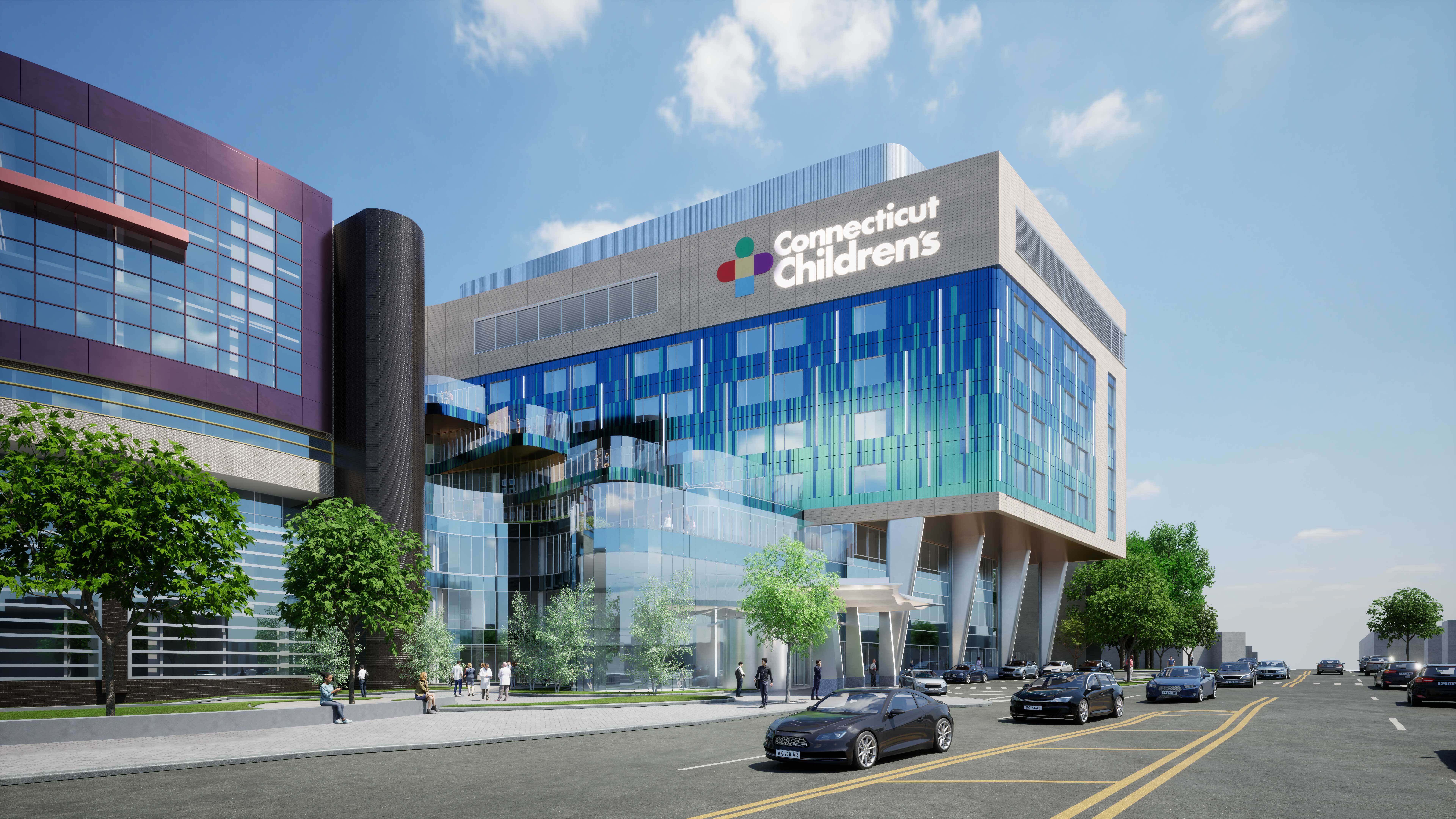 A modern building rendering with a Connecticut Children's sign